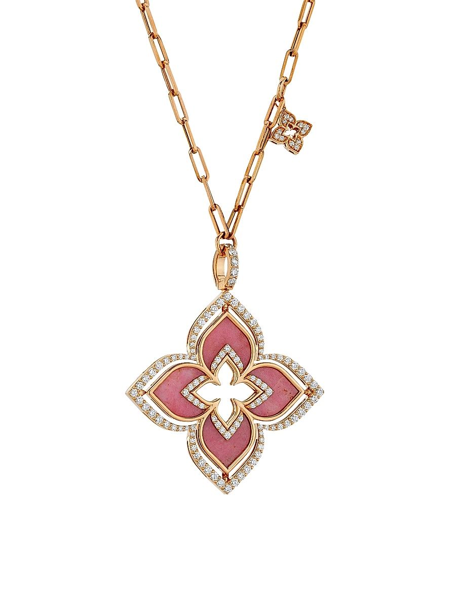 Women's Venetian Princess 18K Rose Gold, Rhodonite & 1.65 TCW Diamond Pirouette Flower Pendant Necklace - Rose Gold