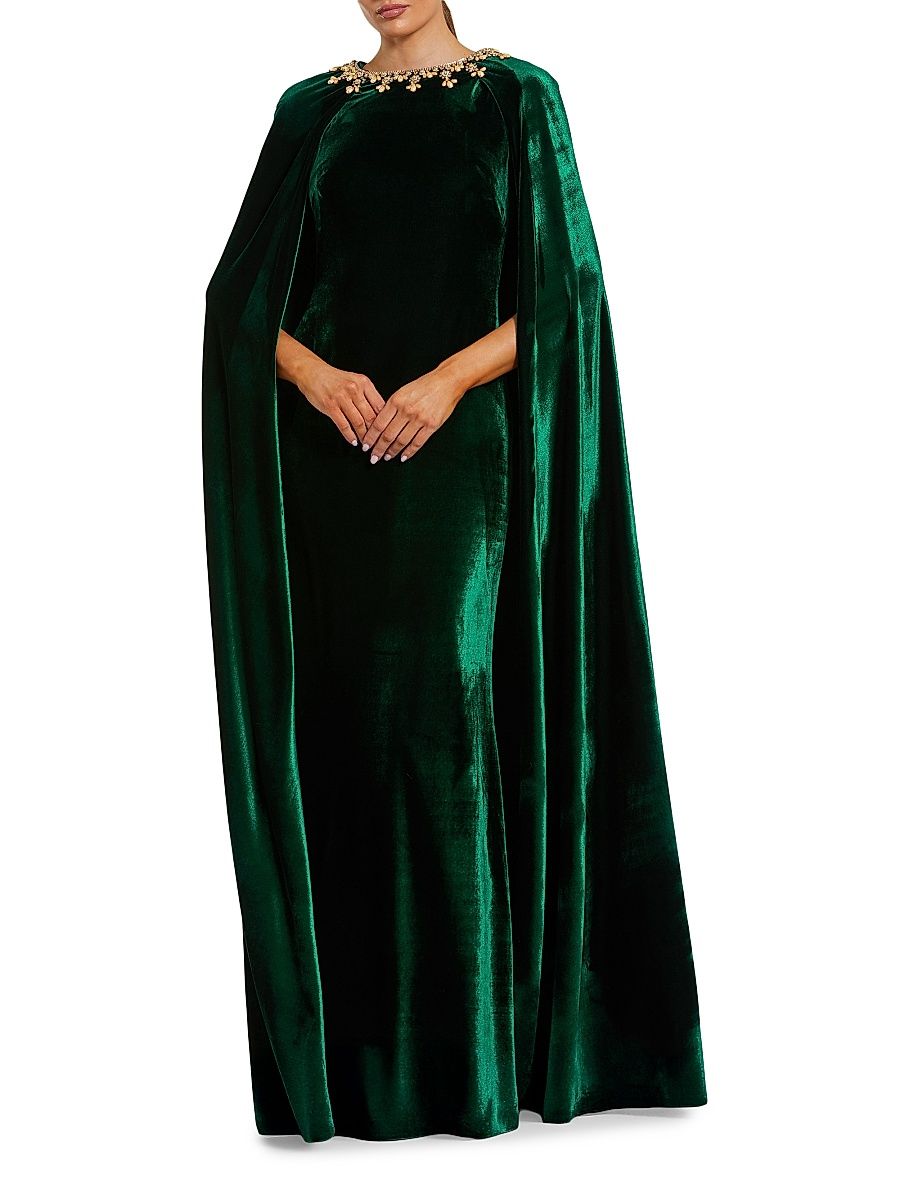 Women's Embellished-Neckline Velvet Cape Gown - Deep Green - Size 22