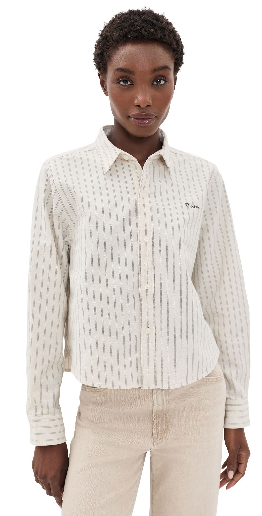 MOTHER The Cropped Bestie Button Down Shirt Cream and Black Stripe L