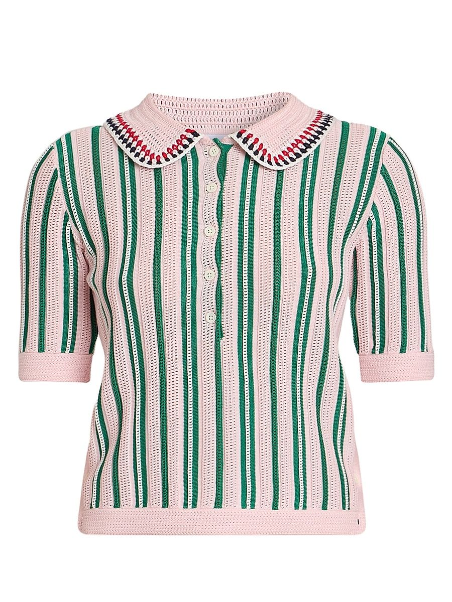 Women's Crochet Variegated Striped Cotton Polo Top - Lightpink - Size 8