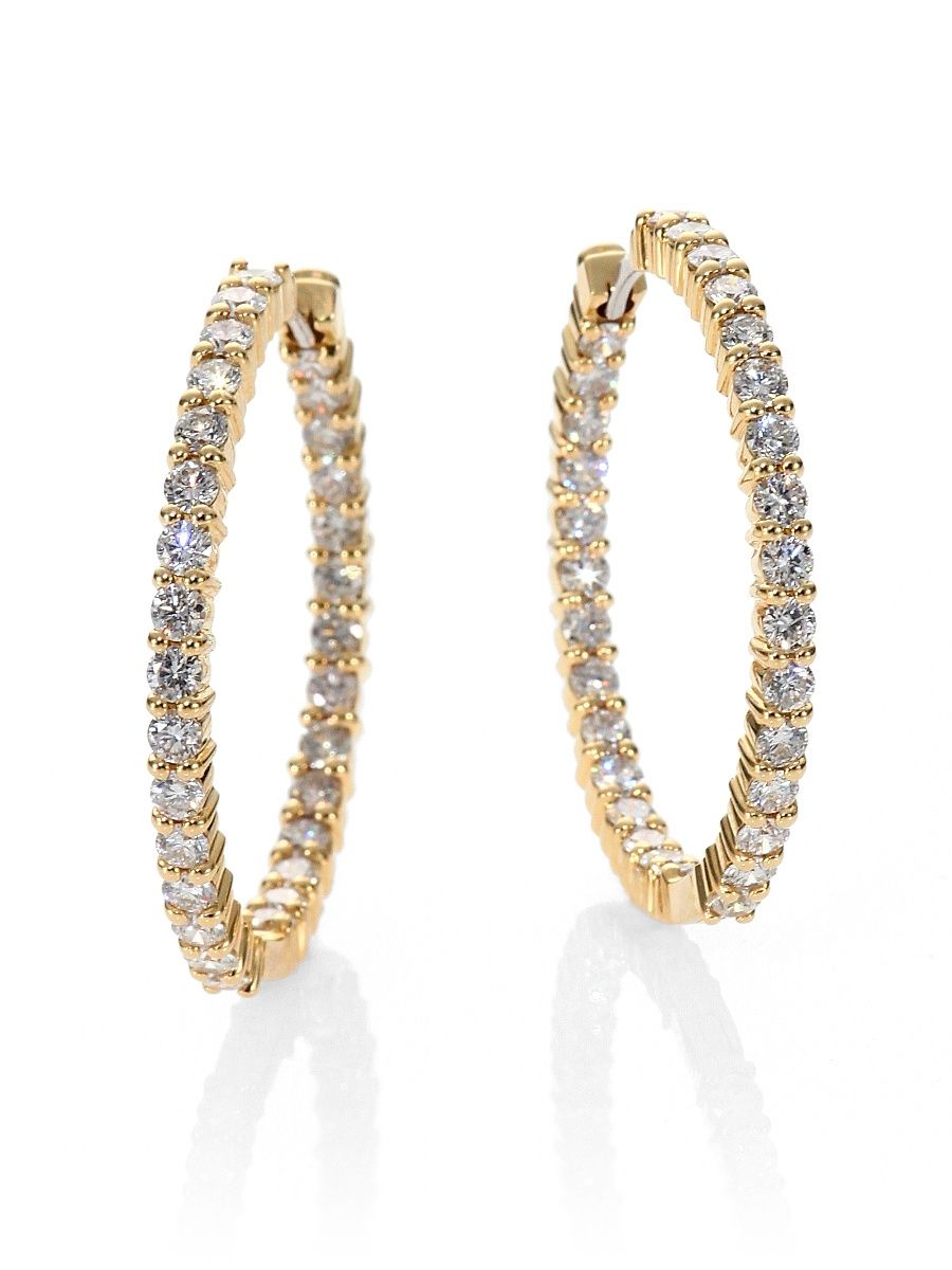 18K Yellow Gold & Diamond Hoop Earrings/1.15" - Gold