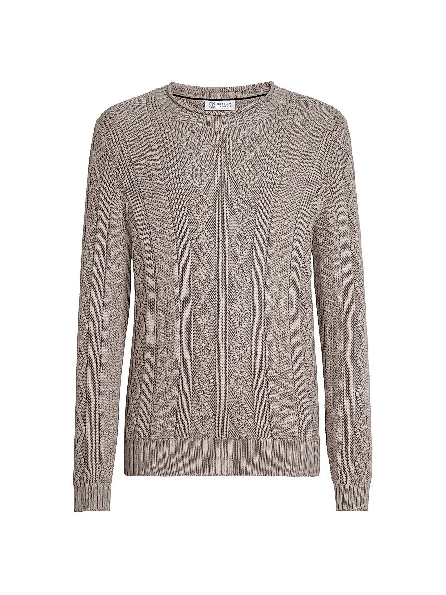 Men's Cotton Fisherman's Cable Sweater - Brown - Size 38