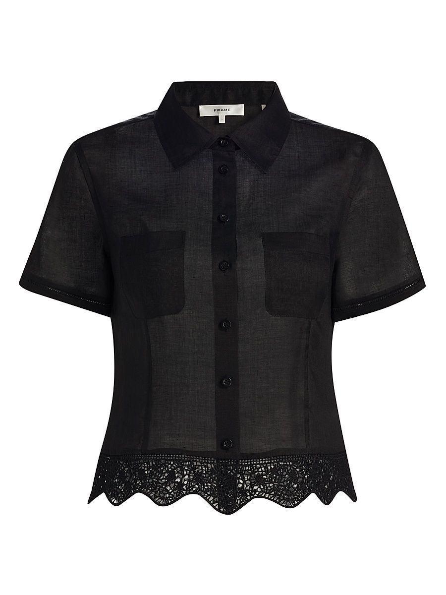 Women's The Embroidered Seaside Lace-Trim Button-Front Shirt - Black - Size Large