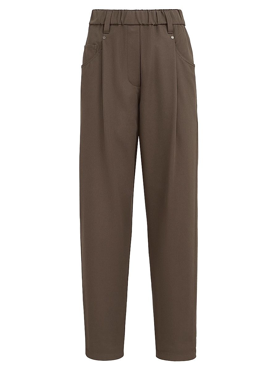 Women's Stretch Cotton Cover Baggy Pull On Trousers with Shiny Bartack - Brown - Size 16