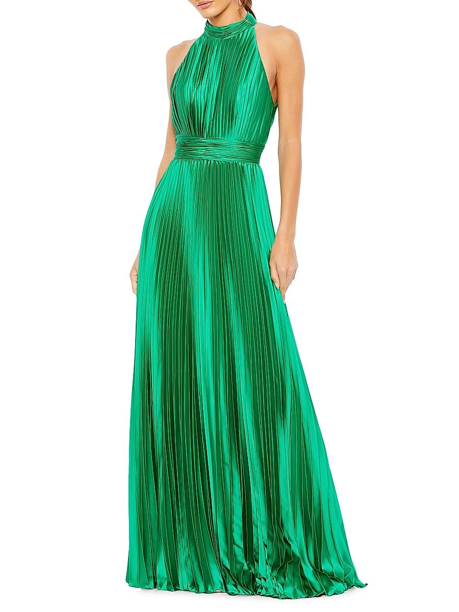 Women's Pleated Satin Halter Gown - Spring Green - Size 14