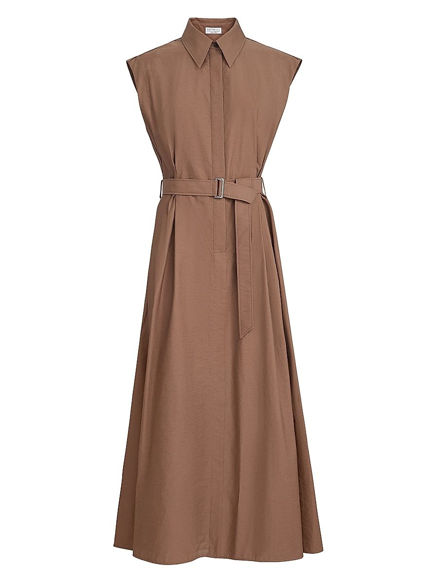 Women's Techno Cotton Texture Twill Belted Shirt Dress with Monili - Brown - Size XXXL