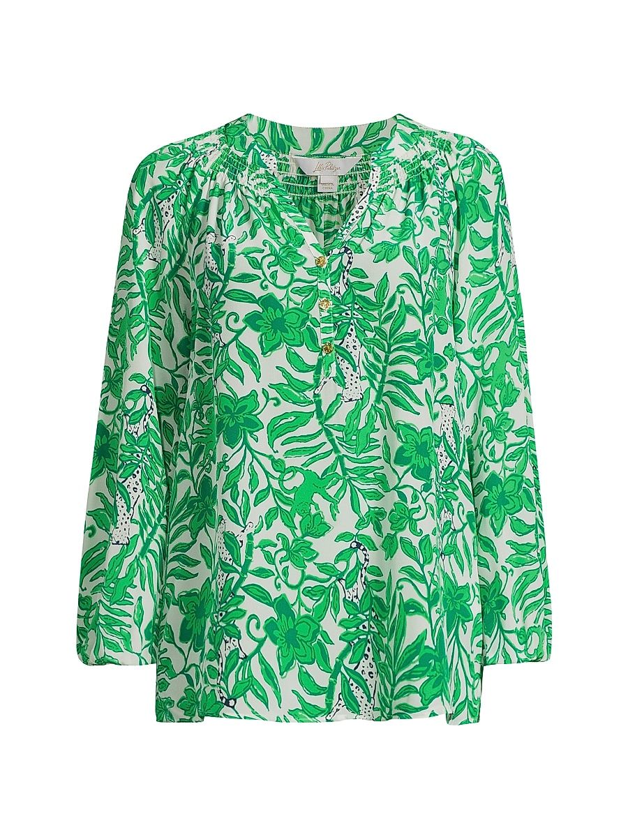 Women's Elsa Leafy Silk Top - Fiddle Leaf Green - Size Medium