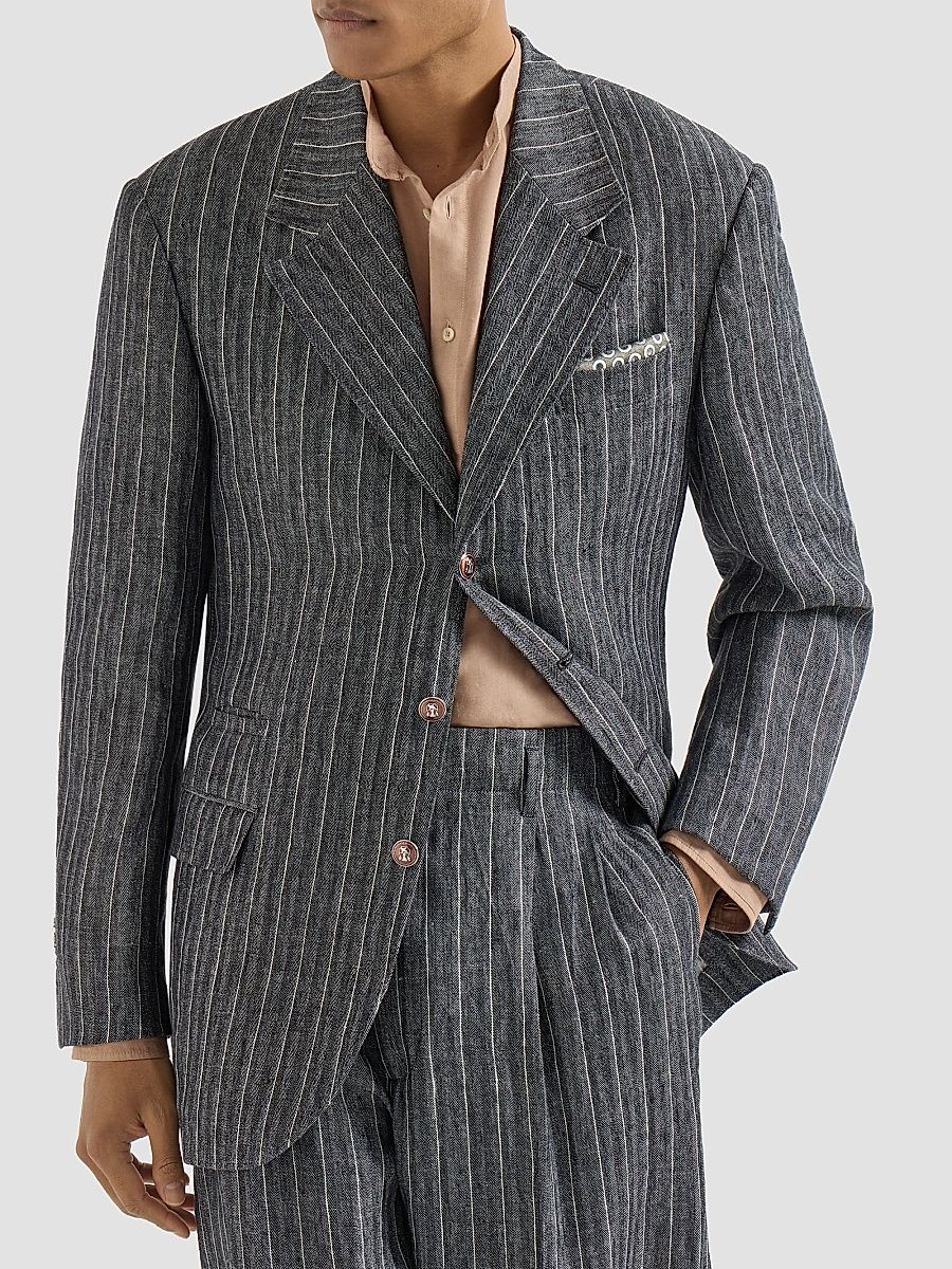 Men's Linen Chalk Stripe Chevron Tailor Blazer with Metal Buttons - Anthracite - Size 46
