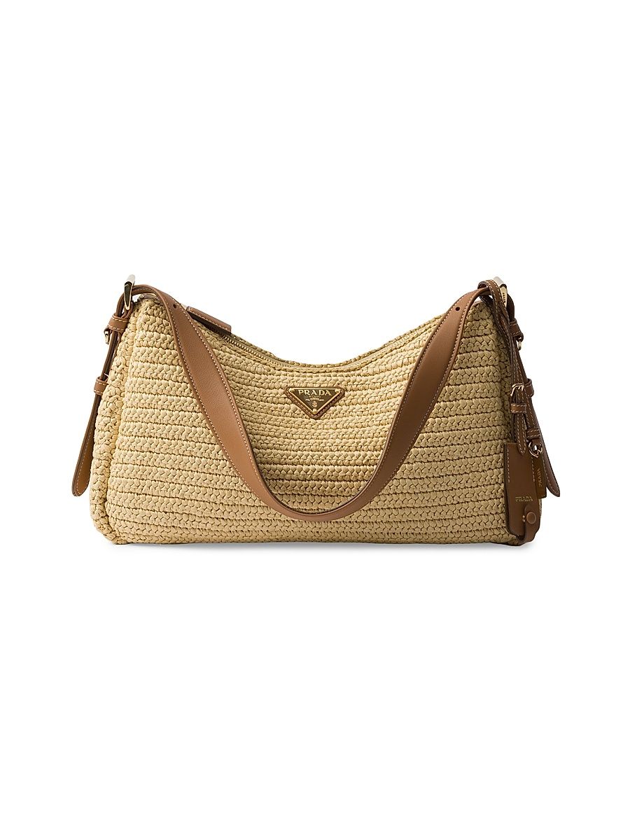 Women's Aimee Large Crochet and Leather Shoulder Bag - Beige Khaki