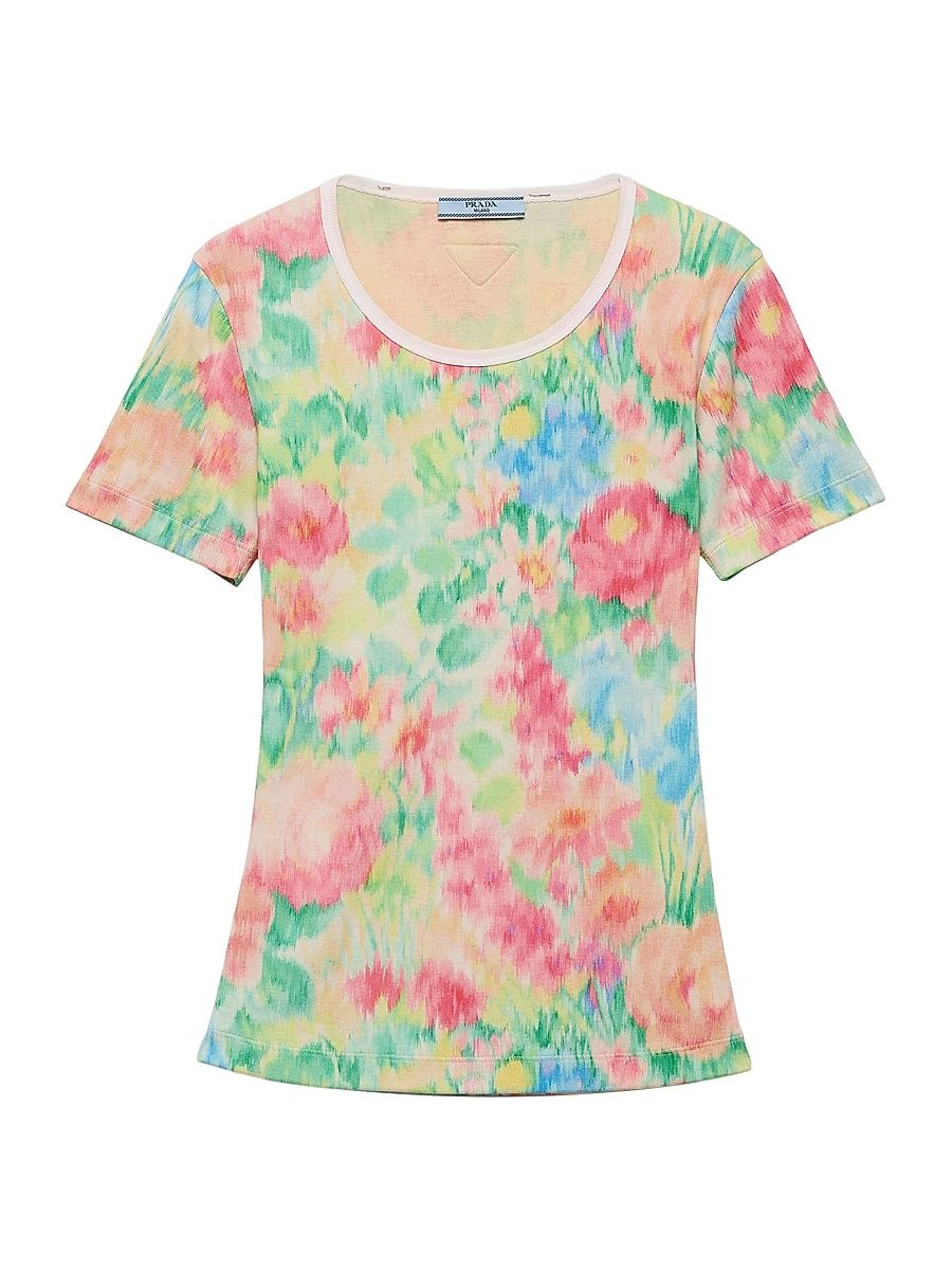 Women's Printed Ribbed Knit Cotton T-Shirt - Green Multi - Size 8