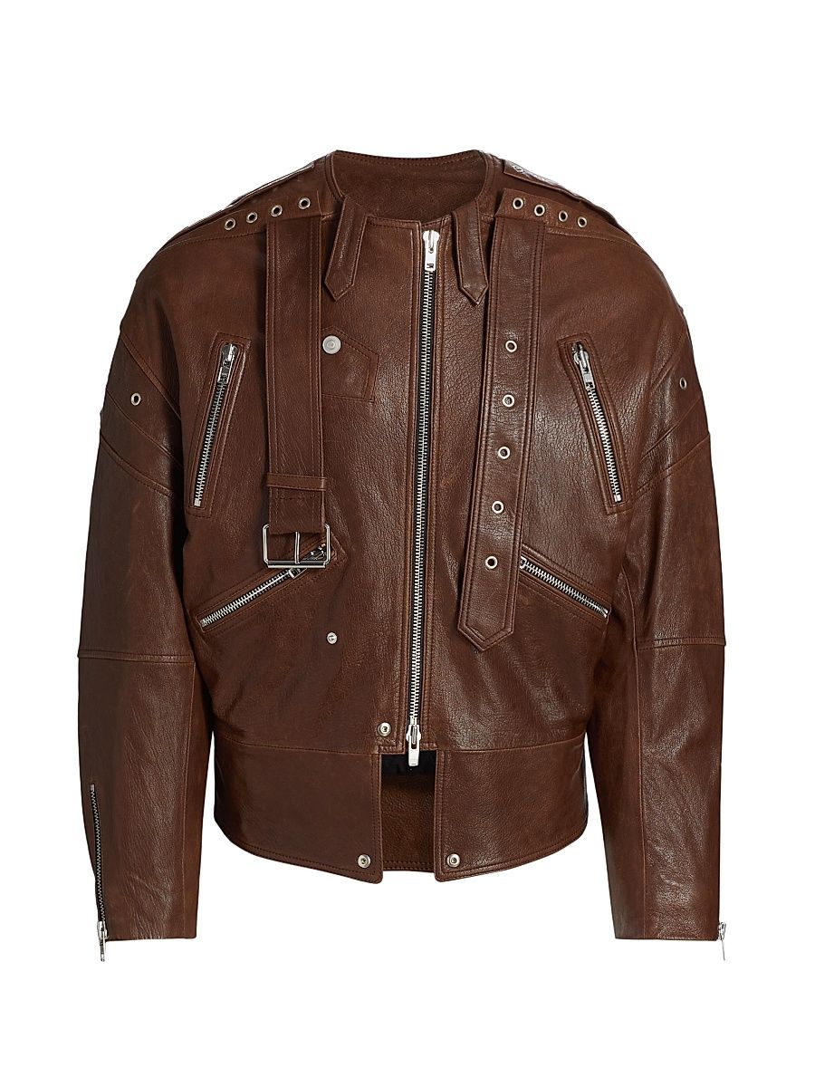Men's Leather Biker Jacket - Brown - Size Large