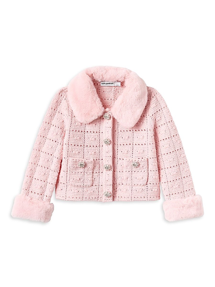Little Girl's & Girl's Textured Knit Faux Fur Cardigan - Pink - Size 7