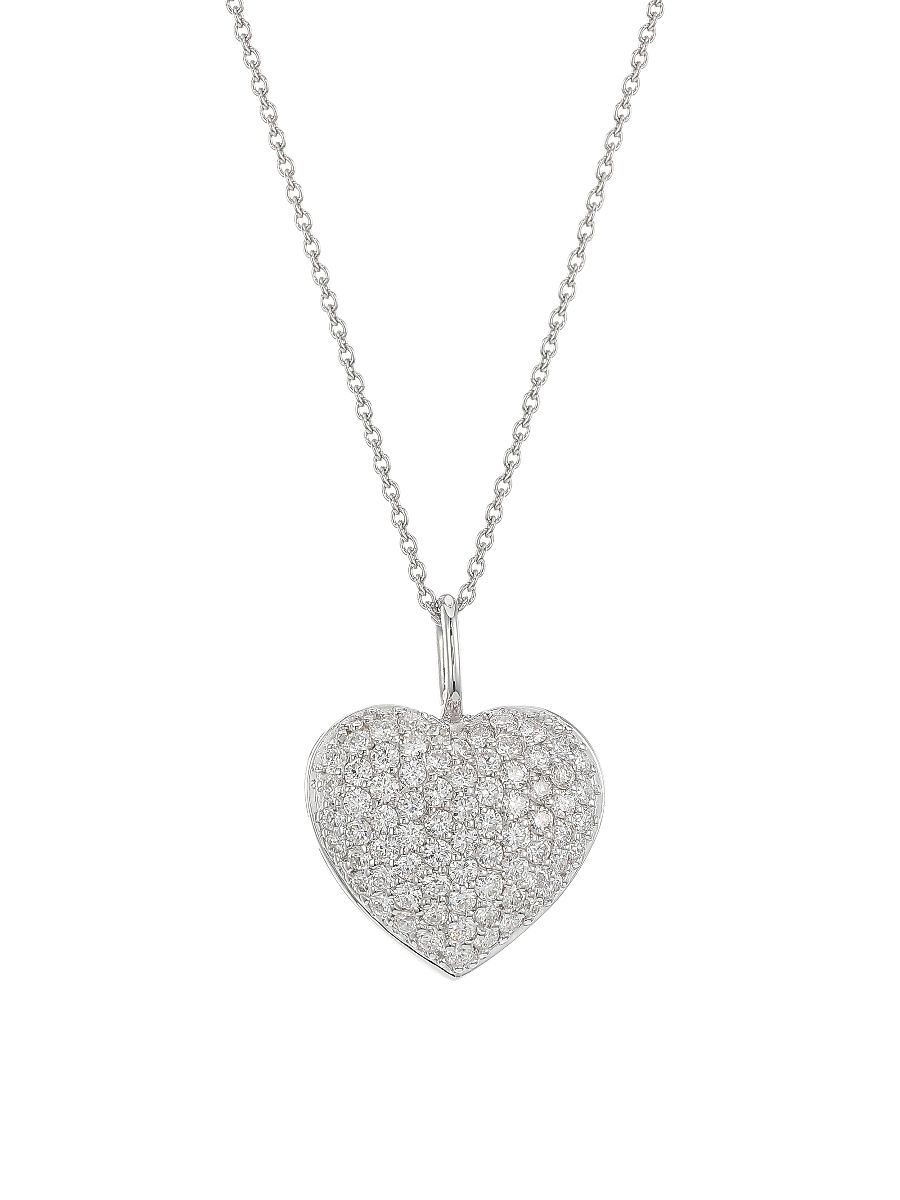 Women's 18K White Gold & Diamond Pavé Heart Necklace - White Gold