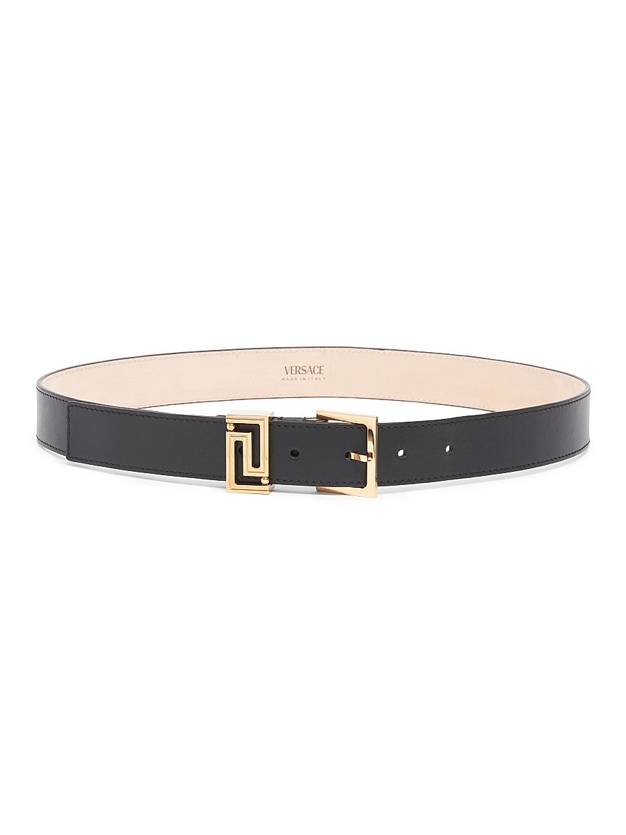 Women's Leather Greek Key Logo Belt - Black Versace Gold - Size Small