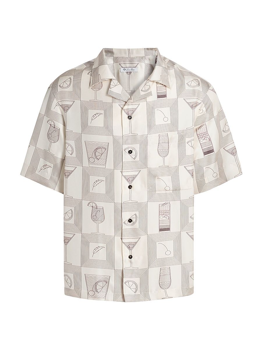 Men's Federico Aperitivo Silk Twill Camp Shirt - Ivory Plum Purple - Size XL