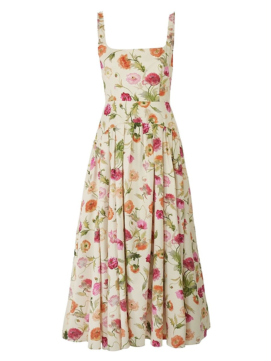 Women's Floral Stretch Cotton Dropped-Waist Midi-Dress - Almond Multi - Size 14