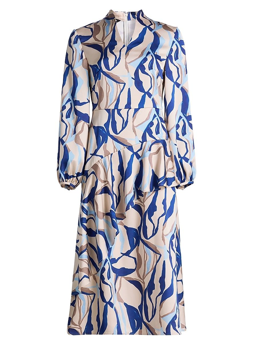 Women's Patterned Crepe De Chine Midi-Dress - Biscotti Blue White Black - Size XXL
