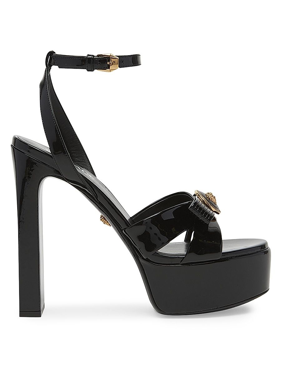 Women's Gianni Ribbon 140MM Leather Platform Sandals - Black Versace Gold - Size 9.5