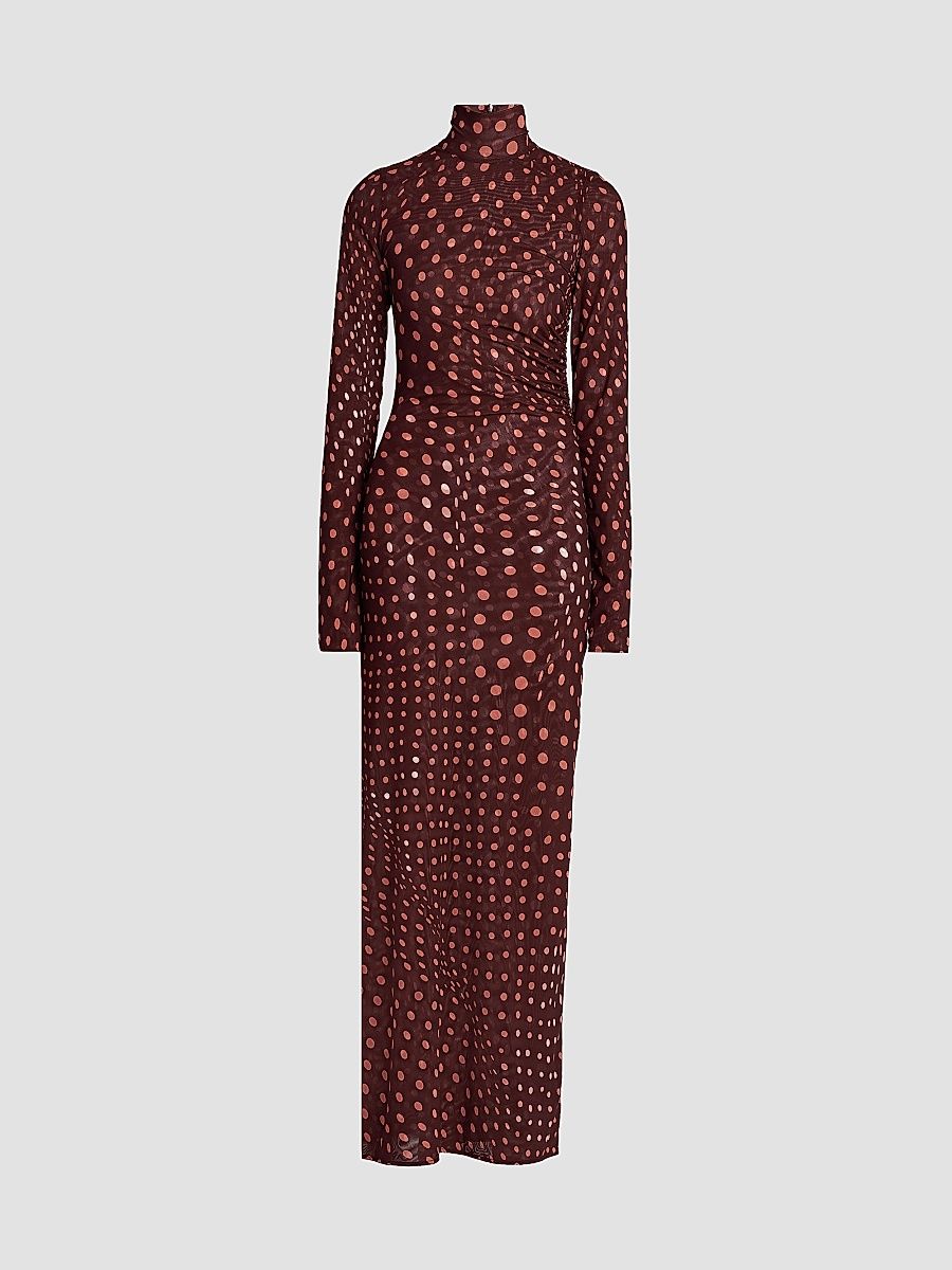 Women's Polka Dot Mesh Maxi Dress - Burgundy Pink - Size XS