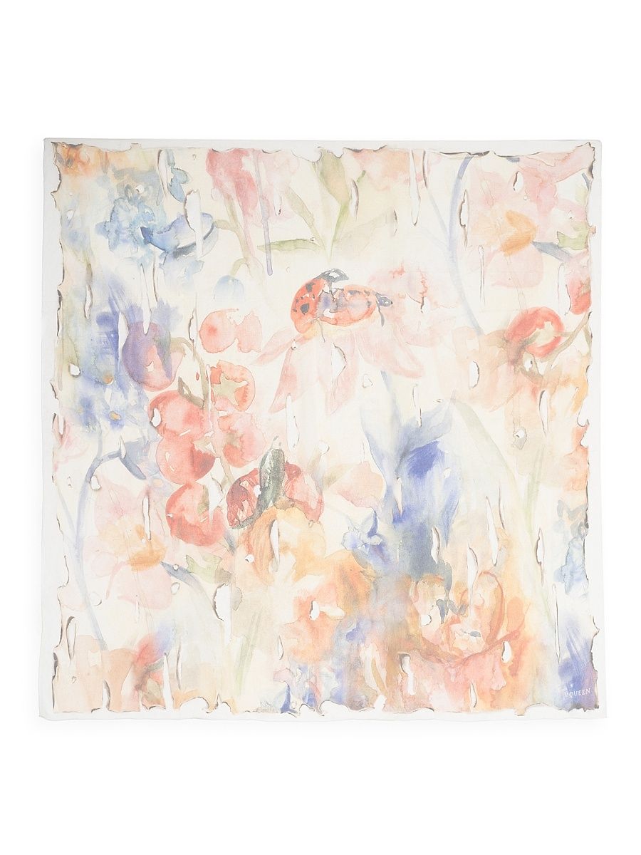 Women's Painted Floral Silk Square Scarf - Ivory Red