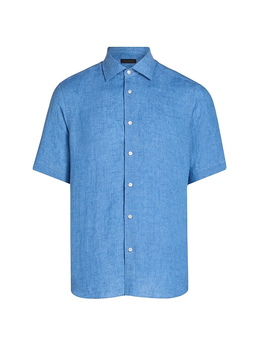 Men's COLLECTION Delave Linen Short-Sleeve Shirt - Light Blue - Size XXL