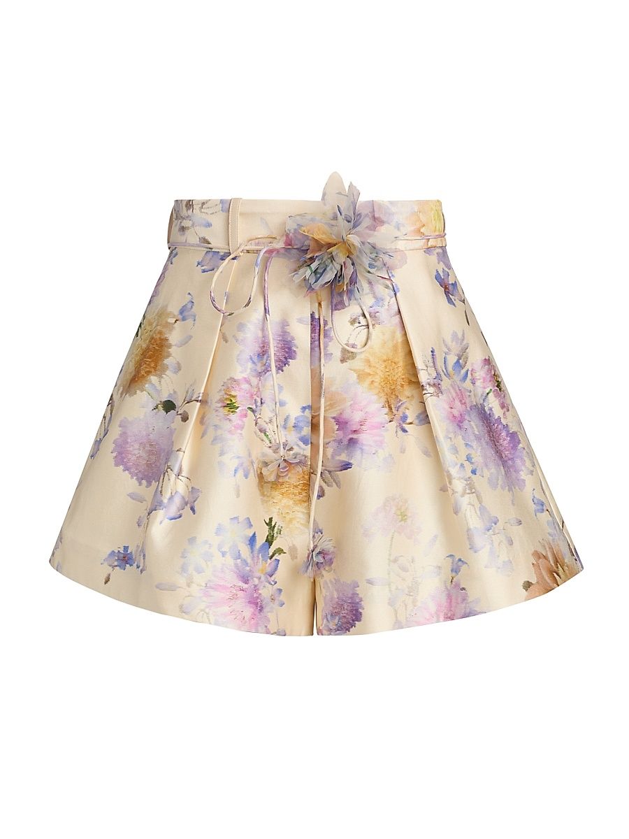 Women's Luna Floral Silk-Cotton Tuck Shorts - Cream Dahlia - Size 8