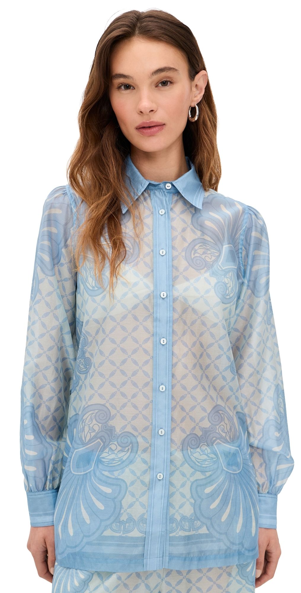 Shani Shemer Susan Button Down Shirt Aqua Shell Print M