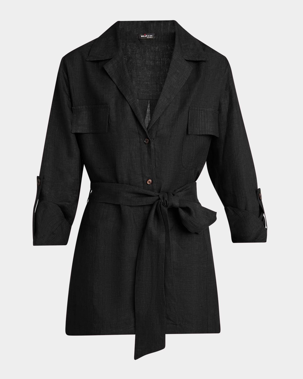 Belted Linen Button-Down Shirt