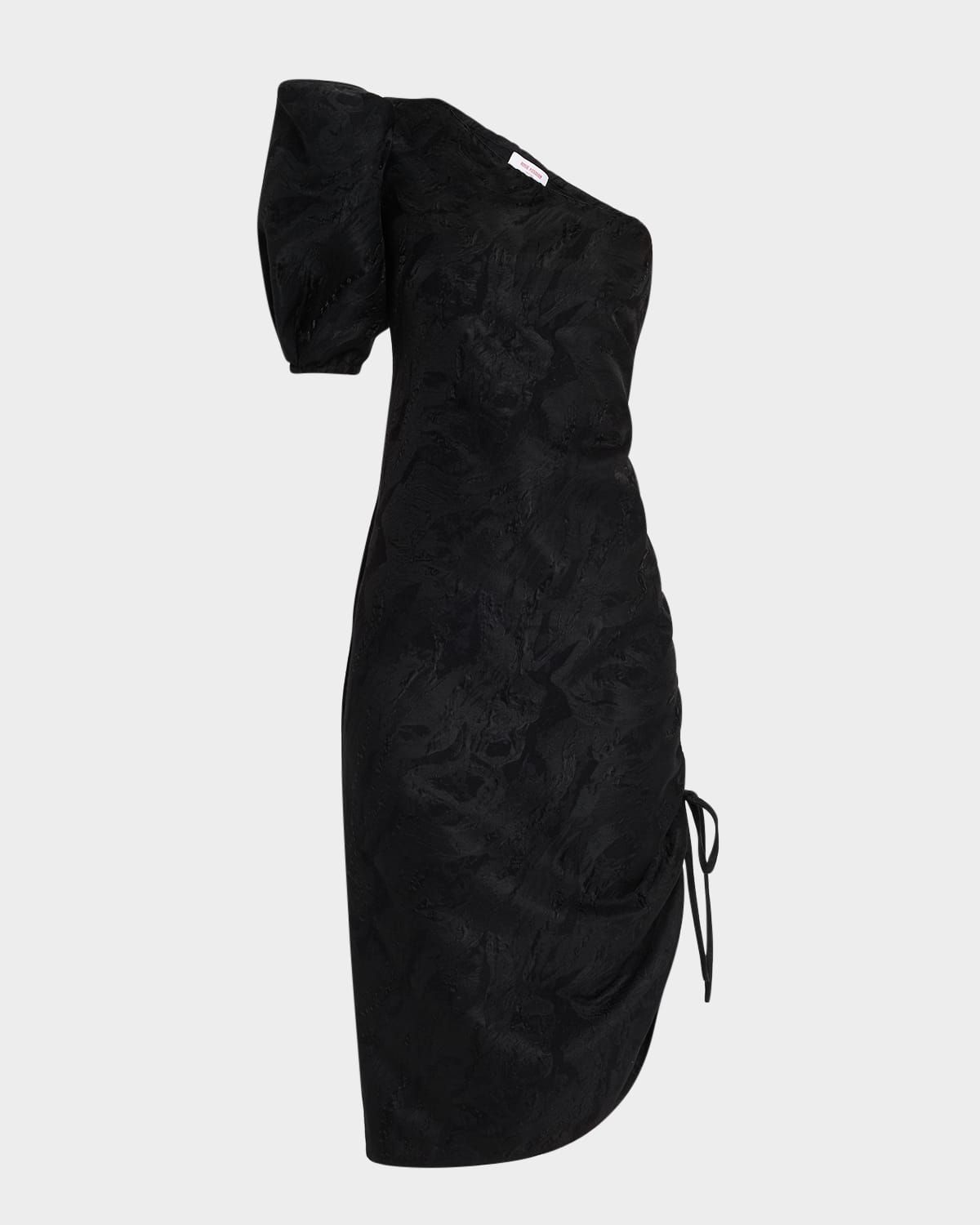 One-Shoulder Puff-Sleeve Ruched Midi Dress