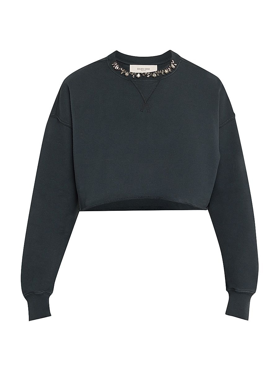 Women's Golden Jeweled Cropped Sweatshirt - Black - Size XXS