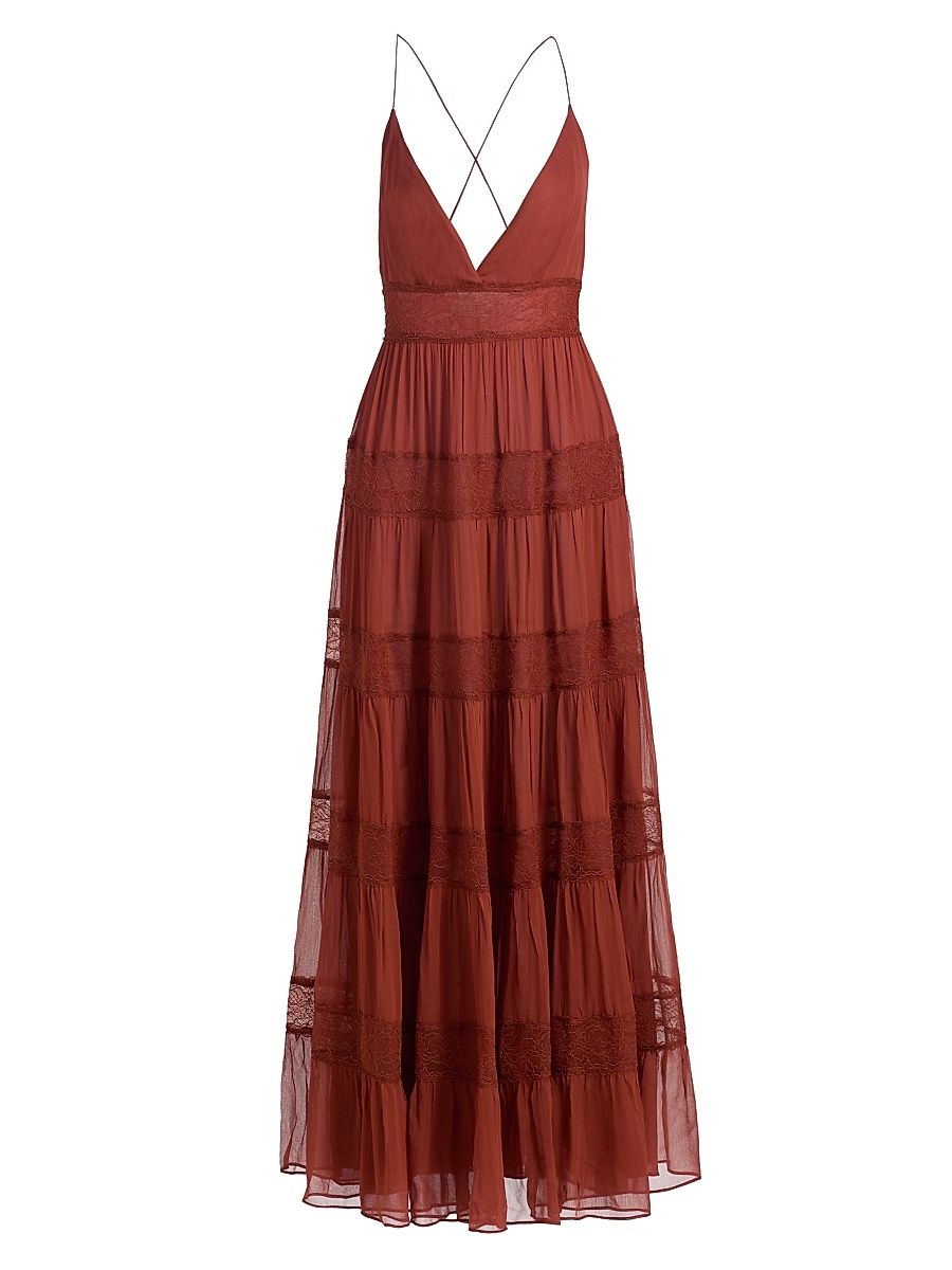 Women's Rune Tiered Lace-Trimmed Maxi Dress - Russet - Size Medium
