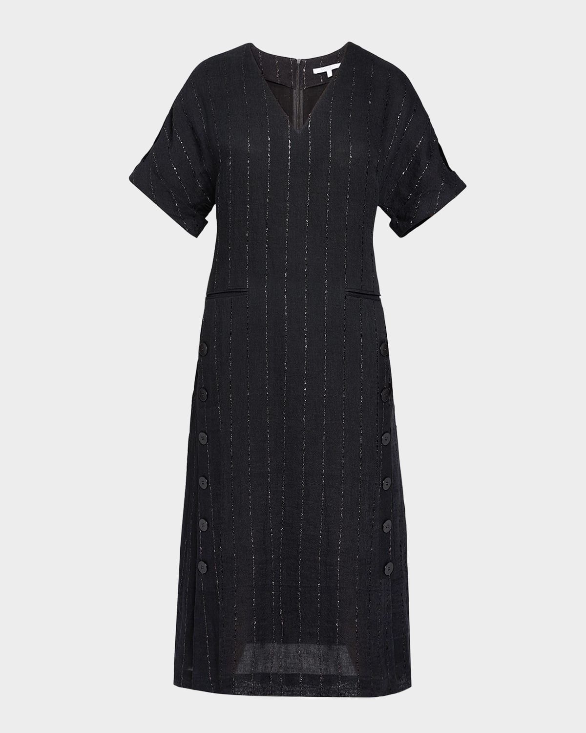Striped Side-Button Linen-Blend Dress