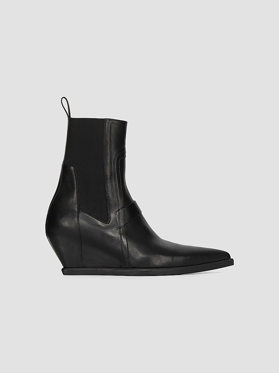 Men's Point Toe Leather Wedge-Heel Ankle Boots - Black - Size 13