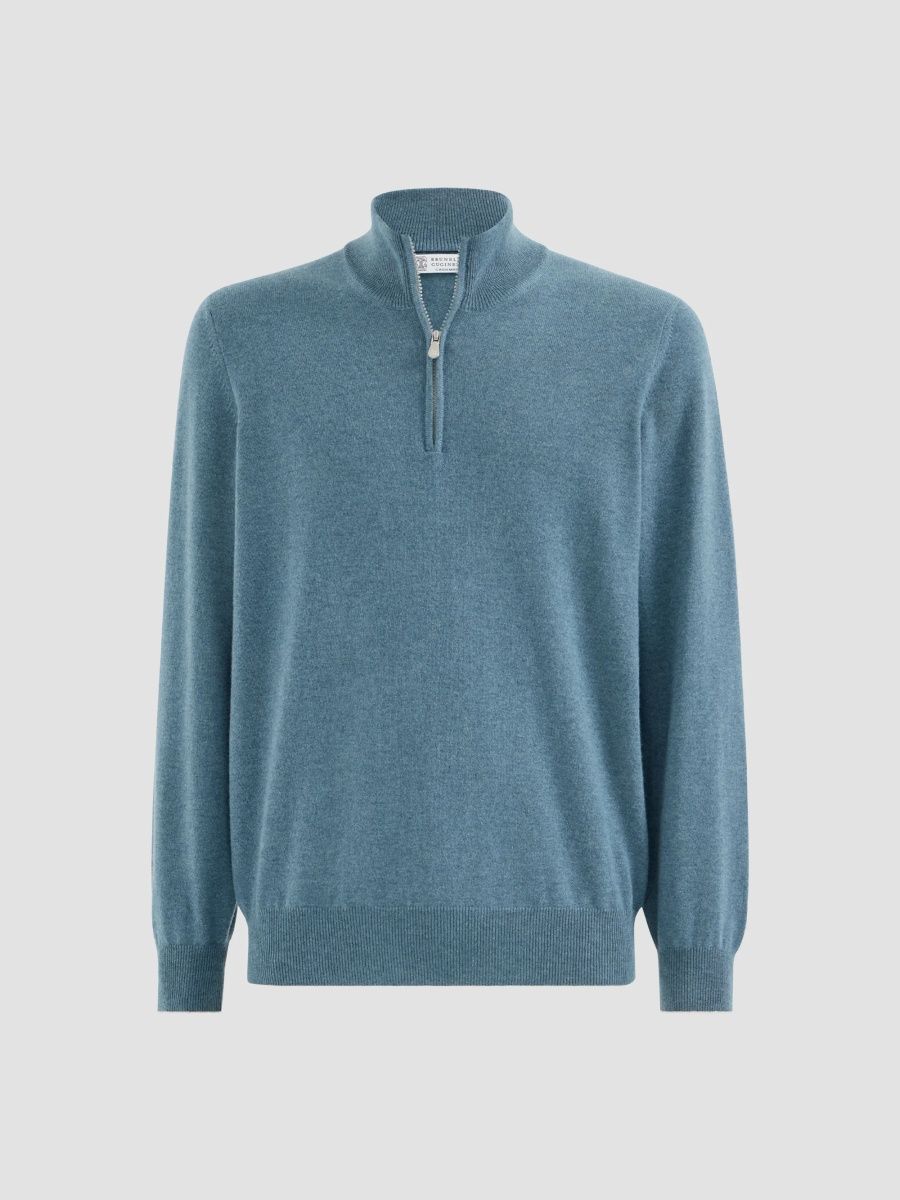 Brunello Cucinelli Men's Cashmere Sweater with Half Zip - Avio Blue - Size 52