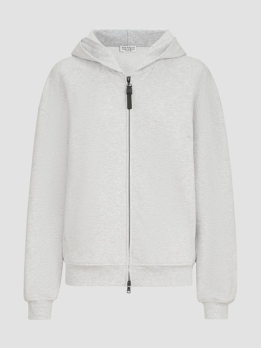 Brunello Cucinelli Women's Cotton Smooth French Terry Sweatshirt with Shiny Zipper Pull - Silver - Size XXXXL