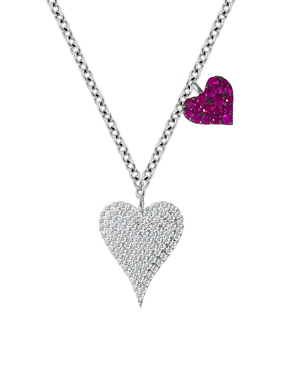 Women's 14K White Gold Diamond & Ruby Double Heart Pendant Necklace