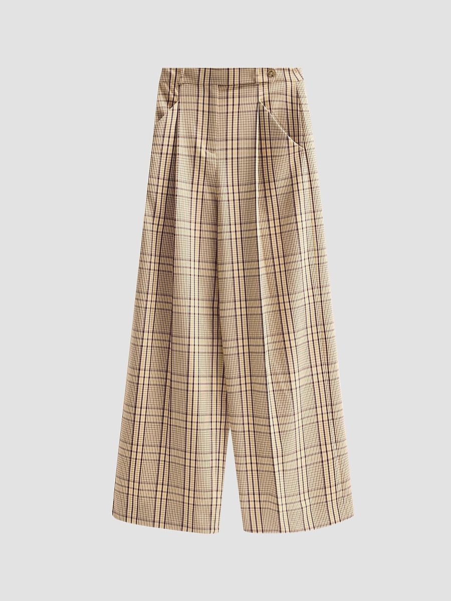 Women's Adler Plaid Wide-Leg Pants - Wheat Deep Redwood - Size 0