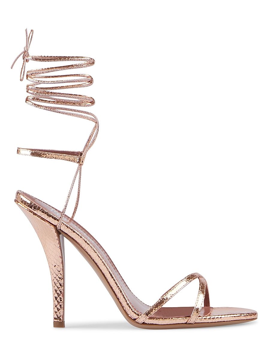 Women's Linda 105MM Embossed Metallic Leather Lace-Up Sandals - Rose Gold - Size 9.5