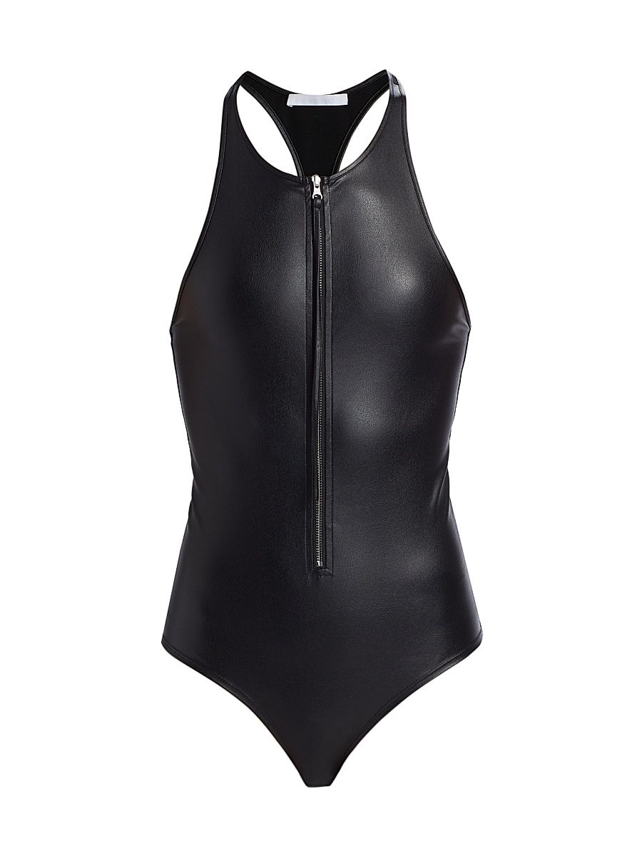 Women's Faux Leather Racerback Bodysuit - Black - Size Small