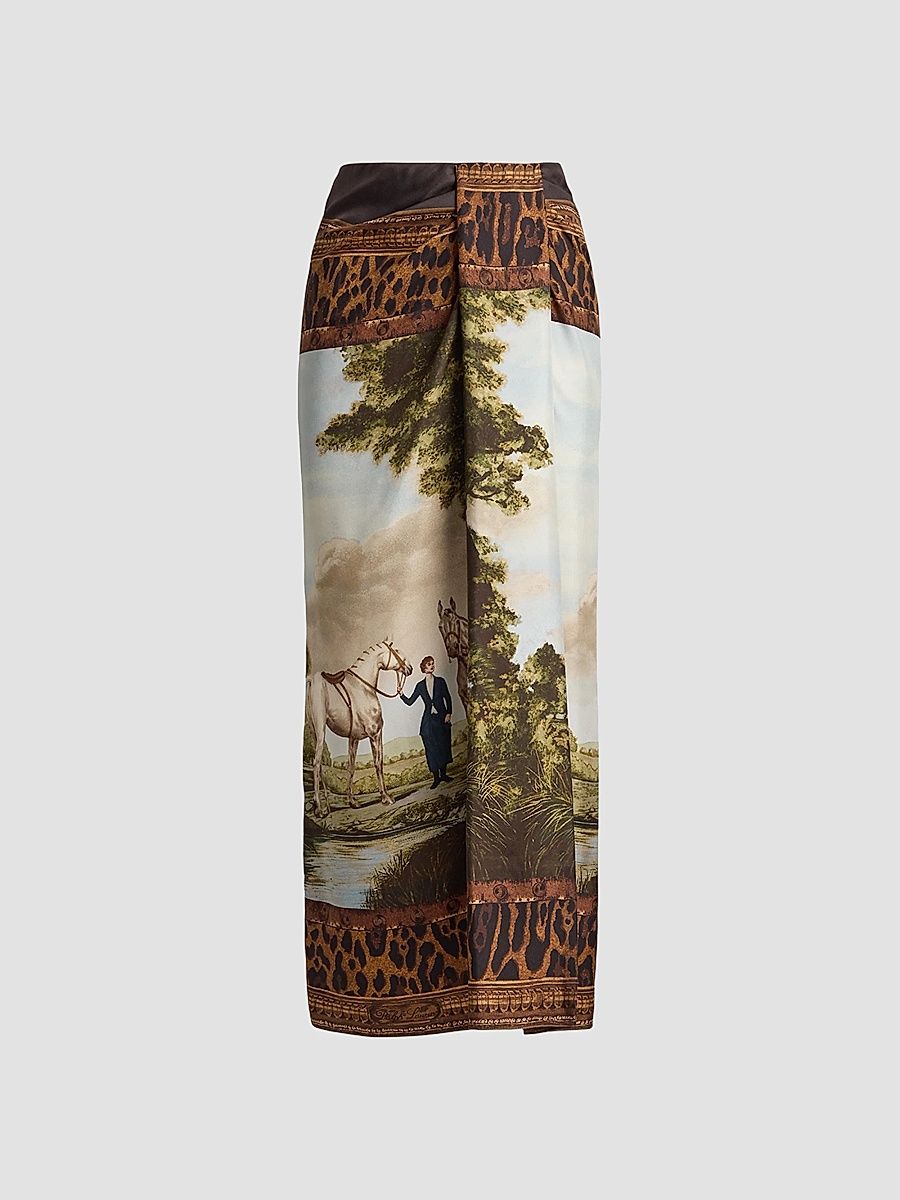 Women's Debbie Silk Scenic Midi Skirt - Tan Multi - Size 8
