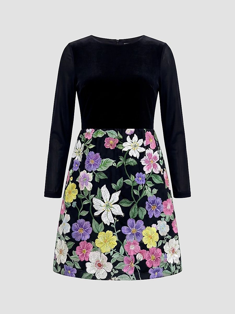 Little Girl's & Girl's Flower-Embroidered Jersey Long-Sleeve Dress - Black Multi - Size 14