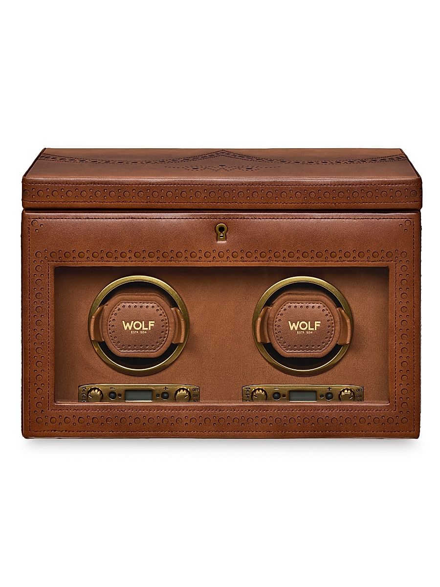 Brogue Double Watch Winder Storage Box - Burnished Brown