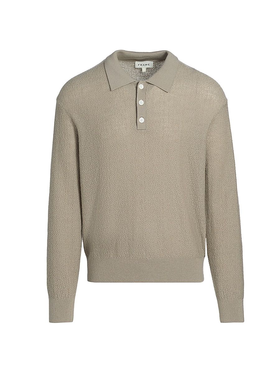Men's Textured Wool Long-Sleeve Polo Sweater - Warm Grey - Size XXL