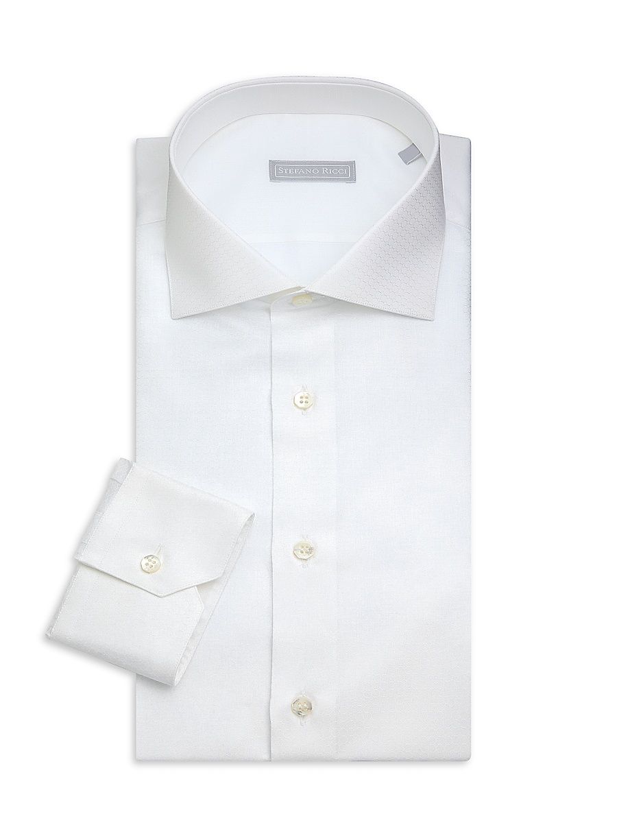 Men's Geometric Circle Cotton Dress Shirt - White - Size 19