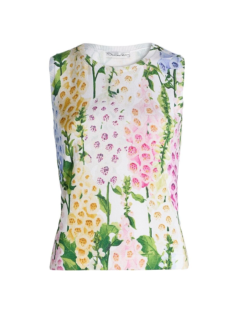 Women's Foxgloves-Print Cotton-Blend Knit Tank - White Multi - Size Large