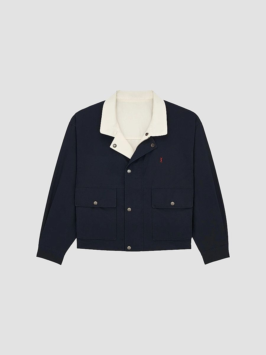 Saint Laurent Men's Cassandre Reversible Work Jacket in Brushed Cotton Canvas - Navy White - Size XL
