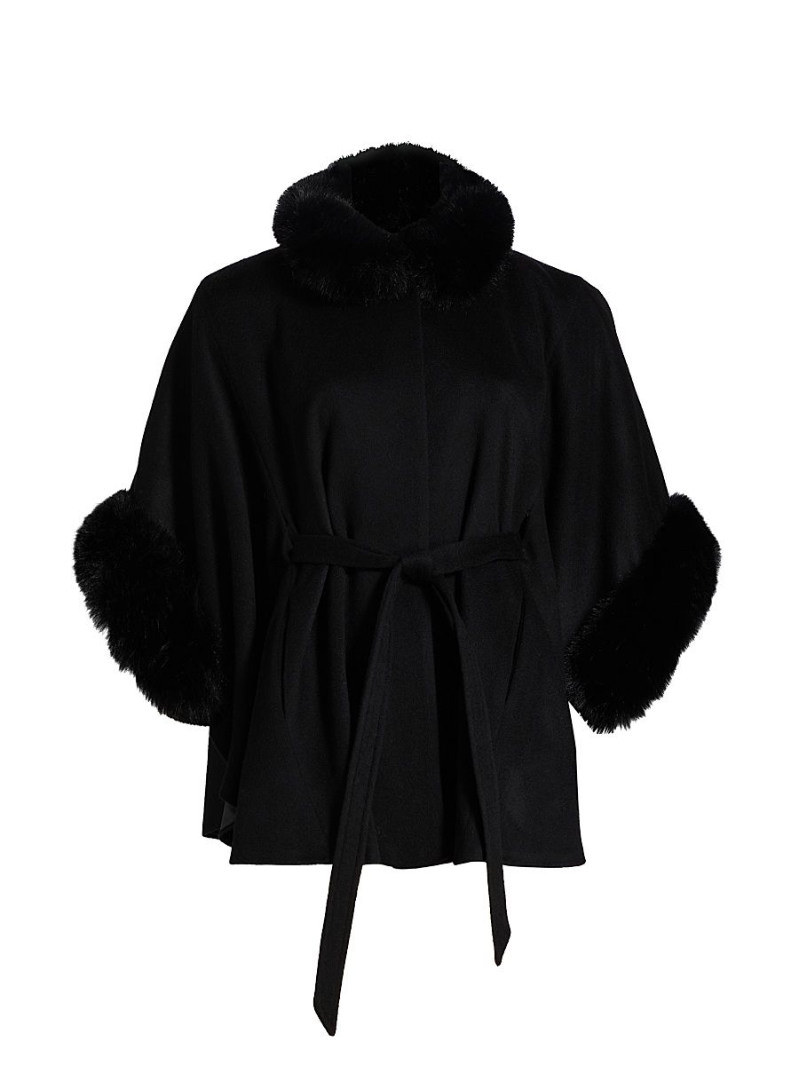 Women's Faux-Fur Cashmere Belted Cape - Black - Size Medium
