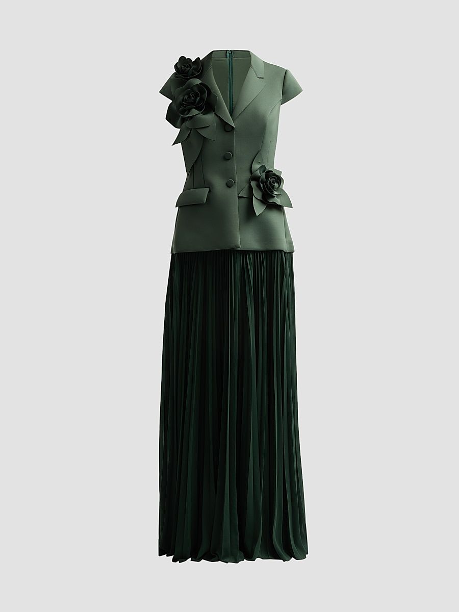 Women's Blazer Floral Appliqué Pelated Gown - Forest - Size 16