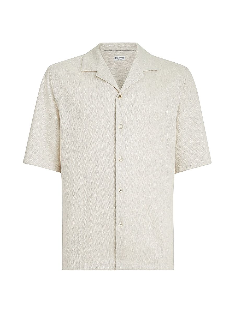 Men's Linen and Cotton Chevron Jersey Short Sleeve Shirt with Camp Collar - Panama - Size XS