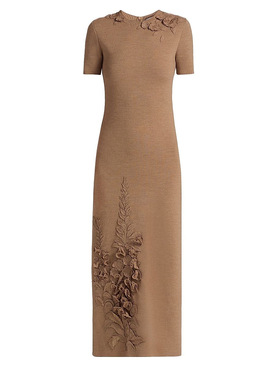 Women's Foxgloves-Embroidered Knit Maxi Dress - Brown - Size Large